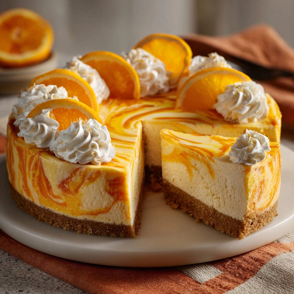 Sunny Orange Swirl Cheesecake, a slice removed, showcasing its swirled interior and whipped cream garnish.