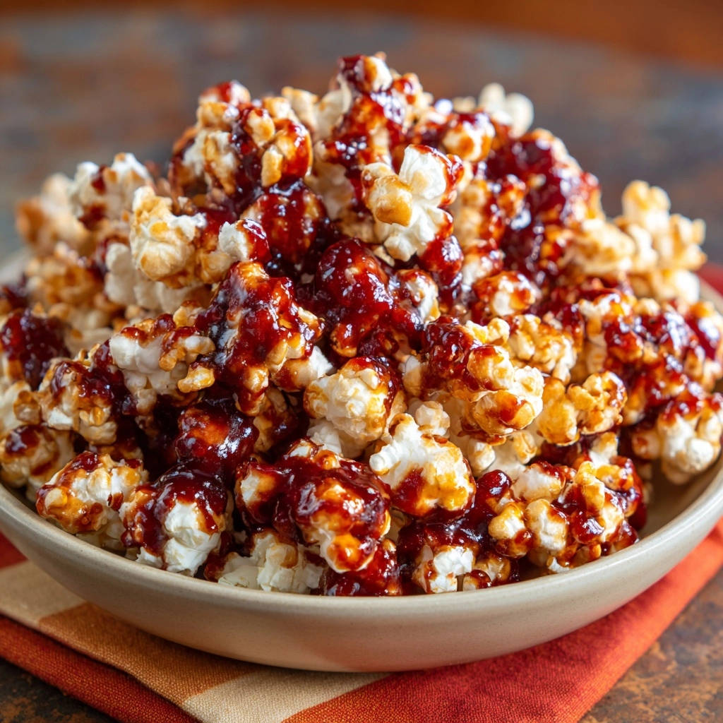 Sweet berry popcorn with a thick, glossy caramel drizzle coating the fluffy kernels in this close-up shot.