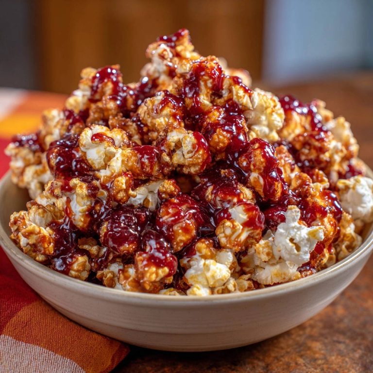 Sweet berry popcorn with a glossy berry glaze drizzled generously over the fluffy kernels in a bowl.