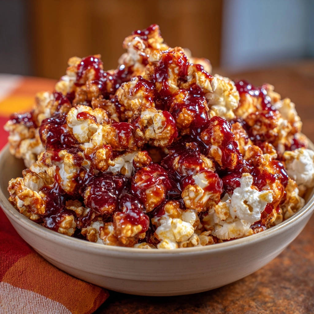 Sweet berry popcorn with a glossy berry glaze drizzled generously over the fluffy kernels in a bowl.