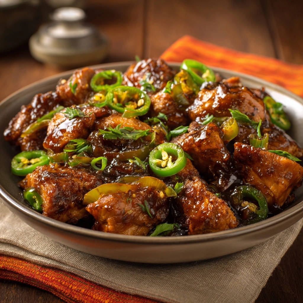 Sweet & Spicy Glazed Chicken Bites with fresh green jalapeno slices and a glistening glaze.