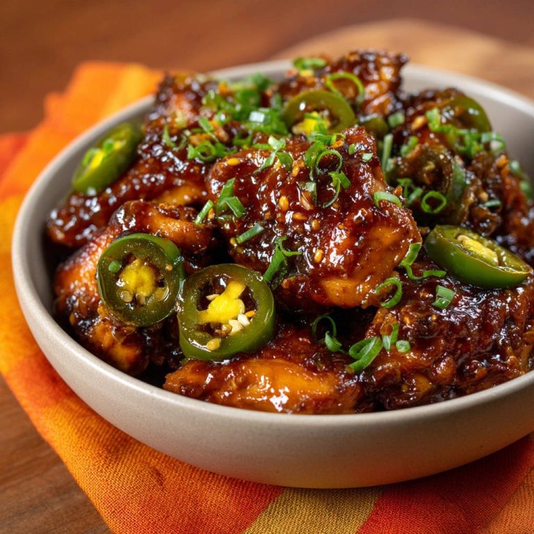 Sweet & Spicy Glazed Chicken Bites with close-up view of jalapeƱo garnish and glossy glaze.