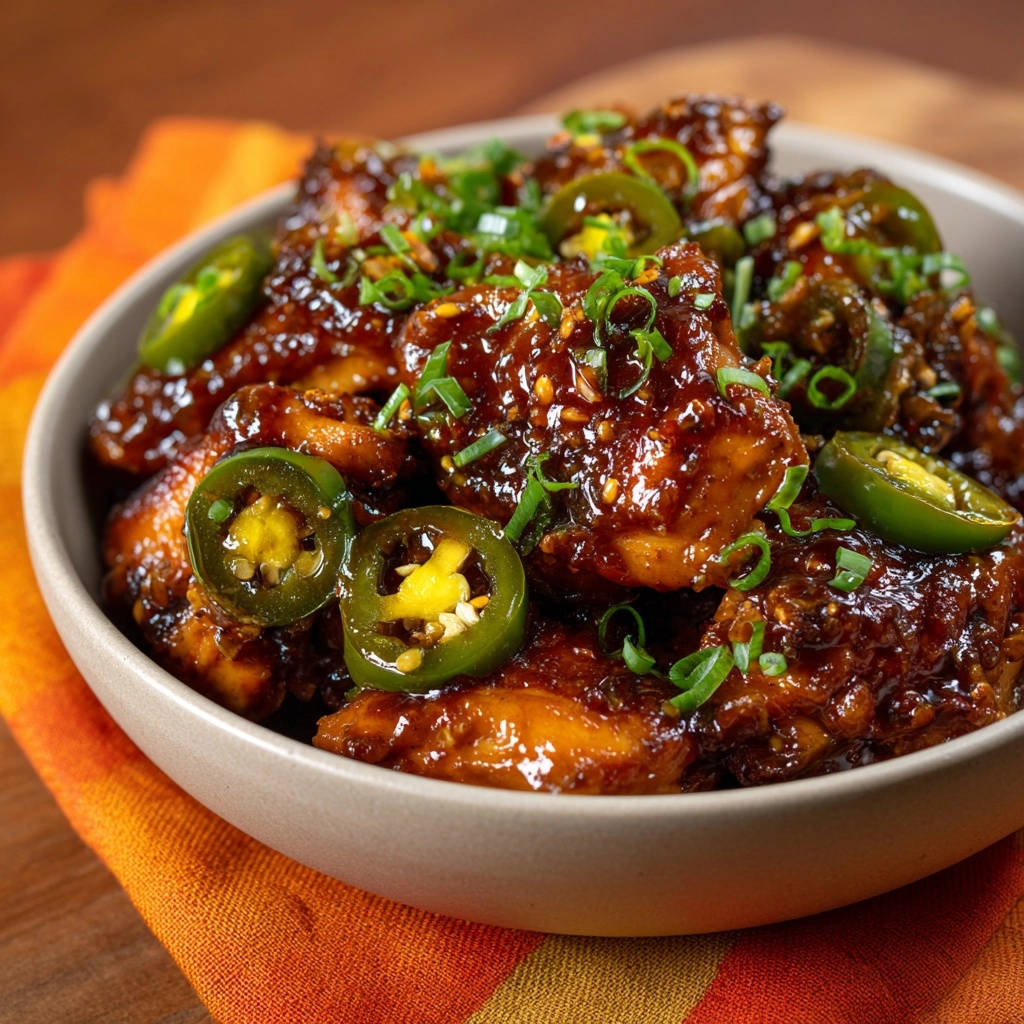 Sweet & Spicy Glazed Chicken Bites with close-up view of jalapeño garnish and glossy glaze.