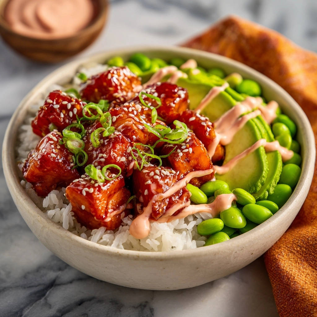 Sweet & Spicy Tofu Power Bowl featuring glistening glazed tofu cubes with sesame seeds and scallion garnish.