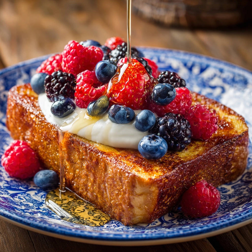 Ultimate thick-cut French toast topped with yogurt, fresh berries, and a drizzle of syrup.