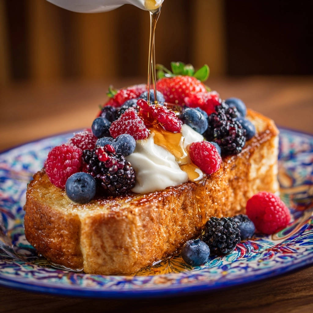 Ultimate thick-cut French toast topped with fresh berries, whipped cream, and a drizzle of syrup.
