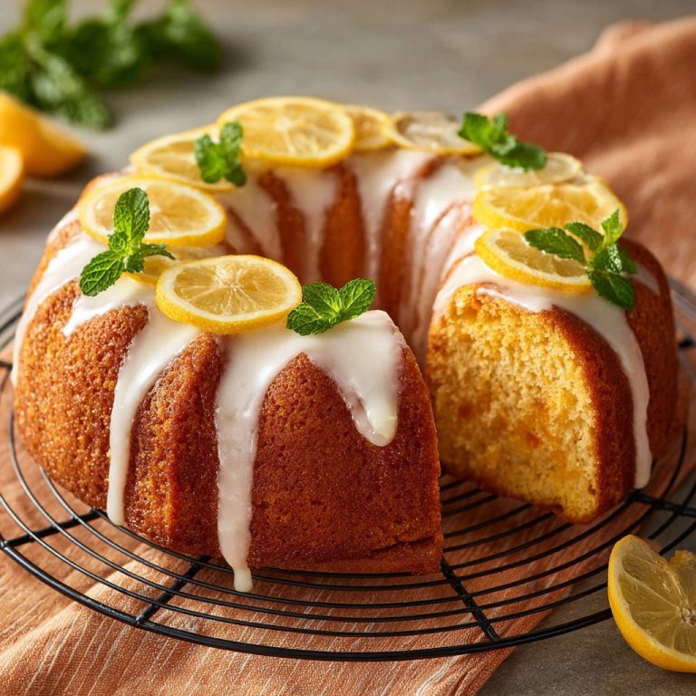 Zesty Lemon Bundt Cake glazed with white icing, topped with lemon slices and mint, with a slice removed to show the crumb.