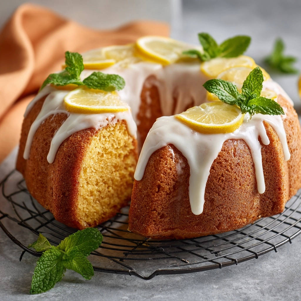Zesty lemon bundt cake sliced to reveal its moist interior, garnished with lemon slices and mint.