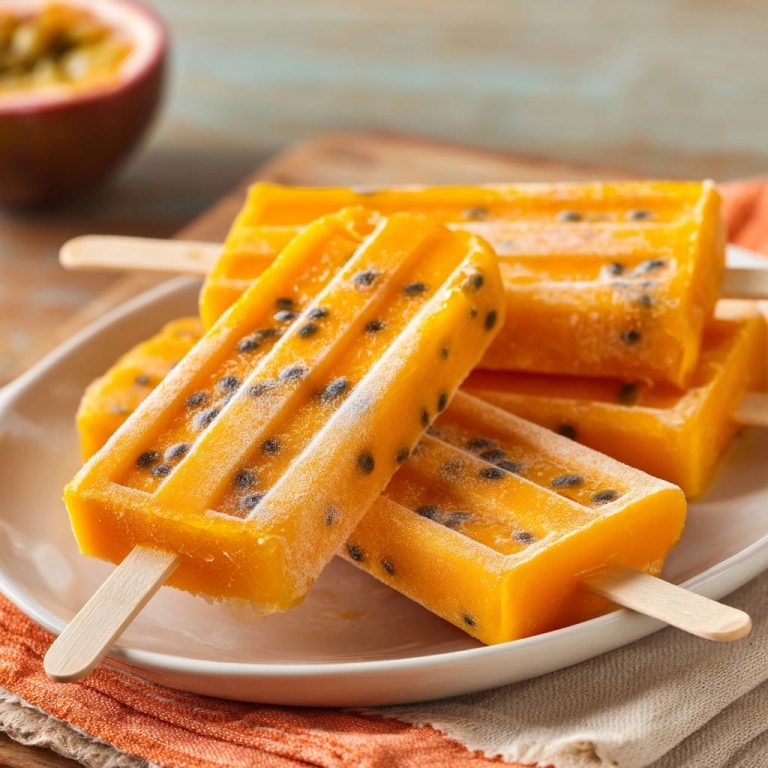 Zesty passion fruit pops stacked on a white plate with a whole passion fruit in the background.