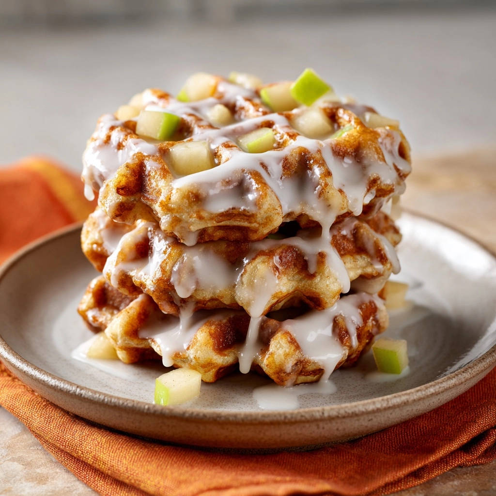 Apple cinnamon waffles are stacked high and drizzled with a sweet glaze, showcasing a decadent dessert.