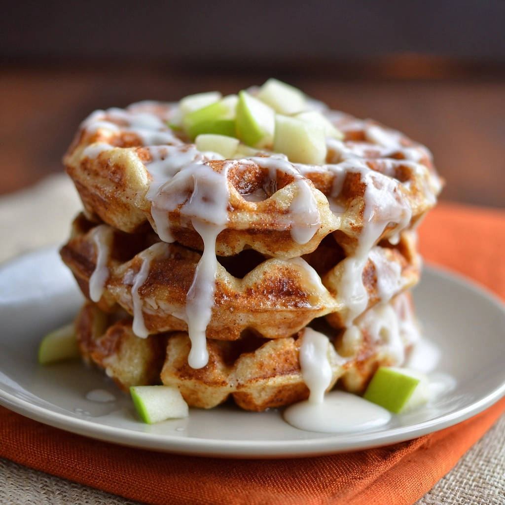 Apple cinnamon waffles stacked high and drizzled with white glaze, topped with fresh apple pieces.