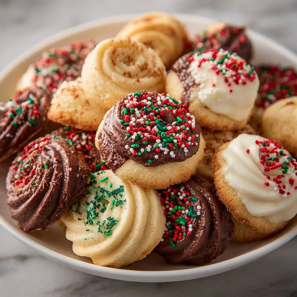 Assorted cookie delights featuring chocolate and vanilla butter cookies topped with festive sprinkles and frosting.