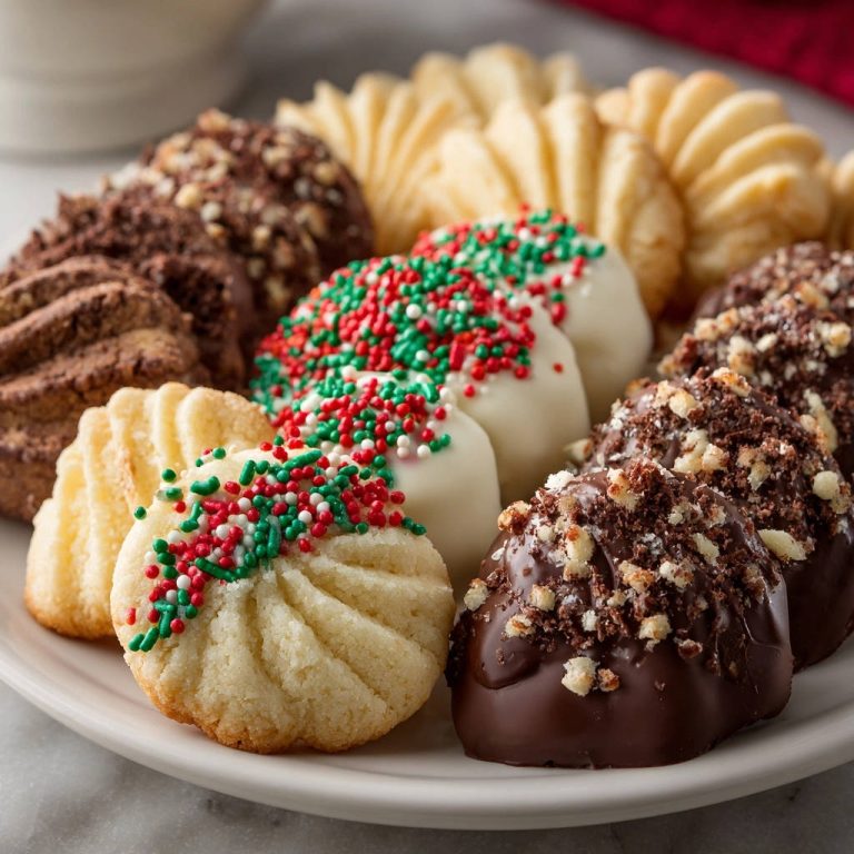 Assorted cookie delights are presented on a white plate, showcasing a festive and rich variety of textures and toppings.