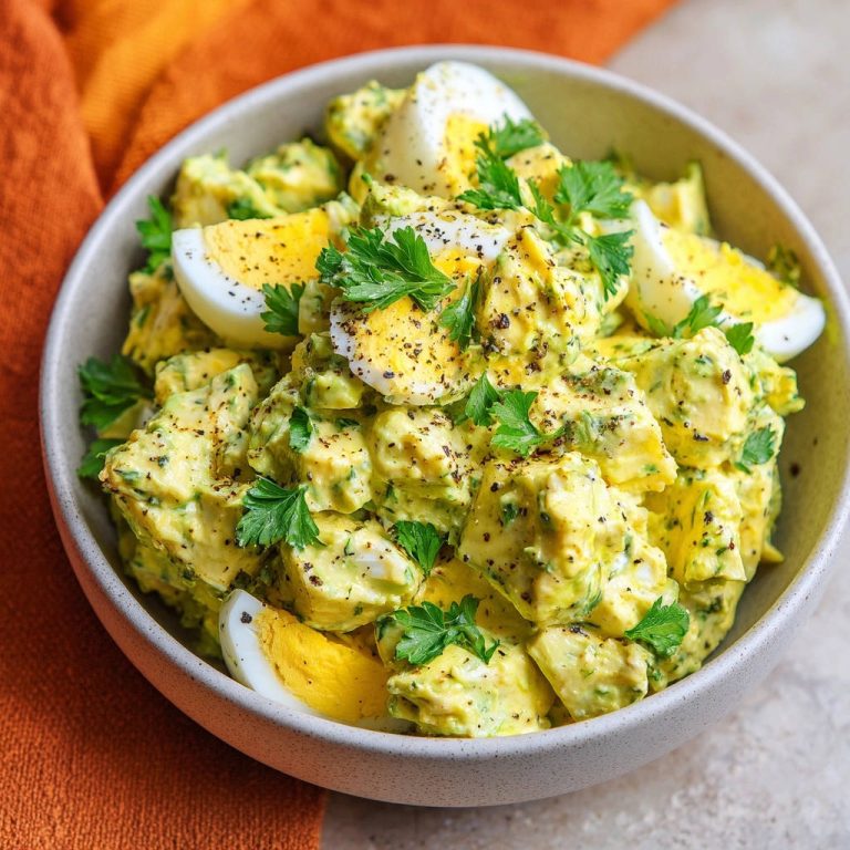 Creamy avocado potato salad with hard-boiled egg wedges and fresh parsley garnish in a bowl.