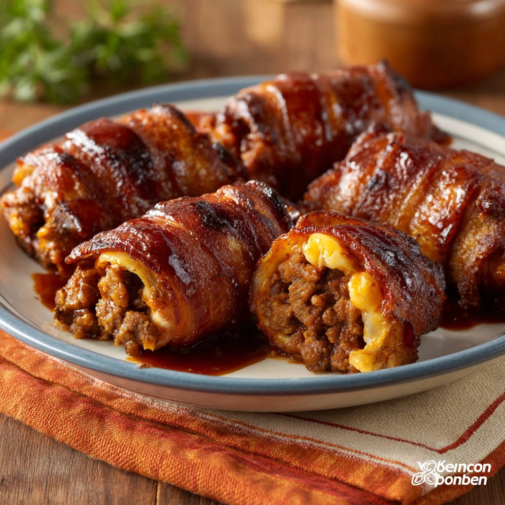 Bacon-wrapped stuffed meat rolls cross-section showing the cheese and ground meat filling.