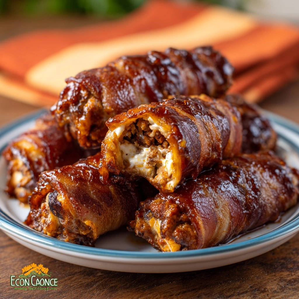 Bacon-wrapped stuffed meat rolls shown in a close-up cross-section, revealing the savory meat and creamy filling.