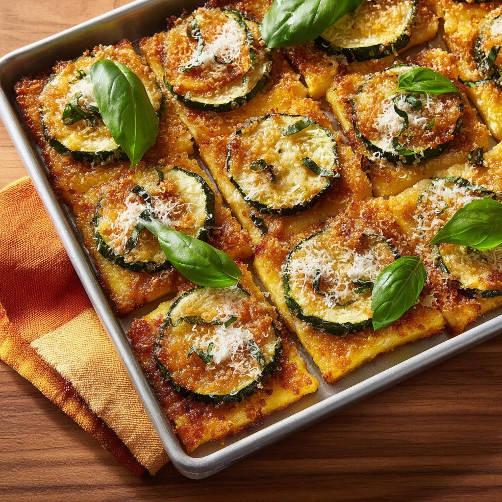 Baked zucchini polenta squares are arranged in a metal pan, topped with fresh basil and grated cheese.