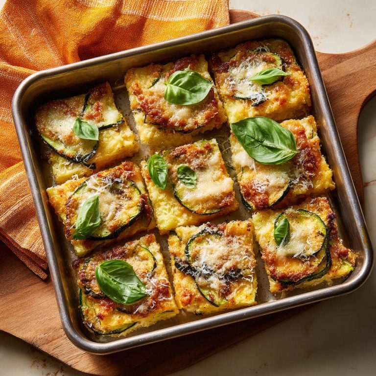 Baked zucchini polenta squares in a baking tray, garnished with fresh basil and grated cheese.