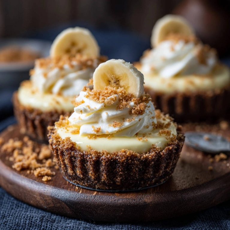 Banana pudding mini tarts with a close-up view of creamy whipped topping and a banana slice garnish.