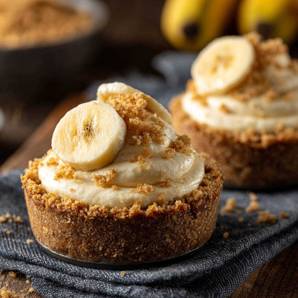 Banana pudding mini tarts with a creamy filling, graham cracker crust, and fresh banana slices on top.