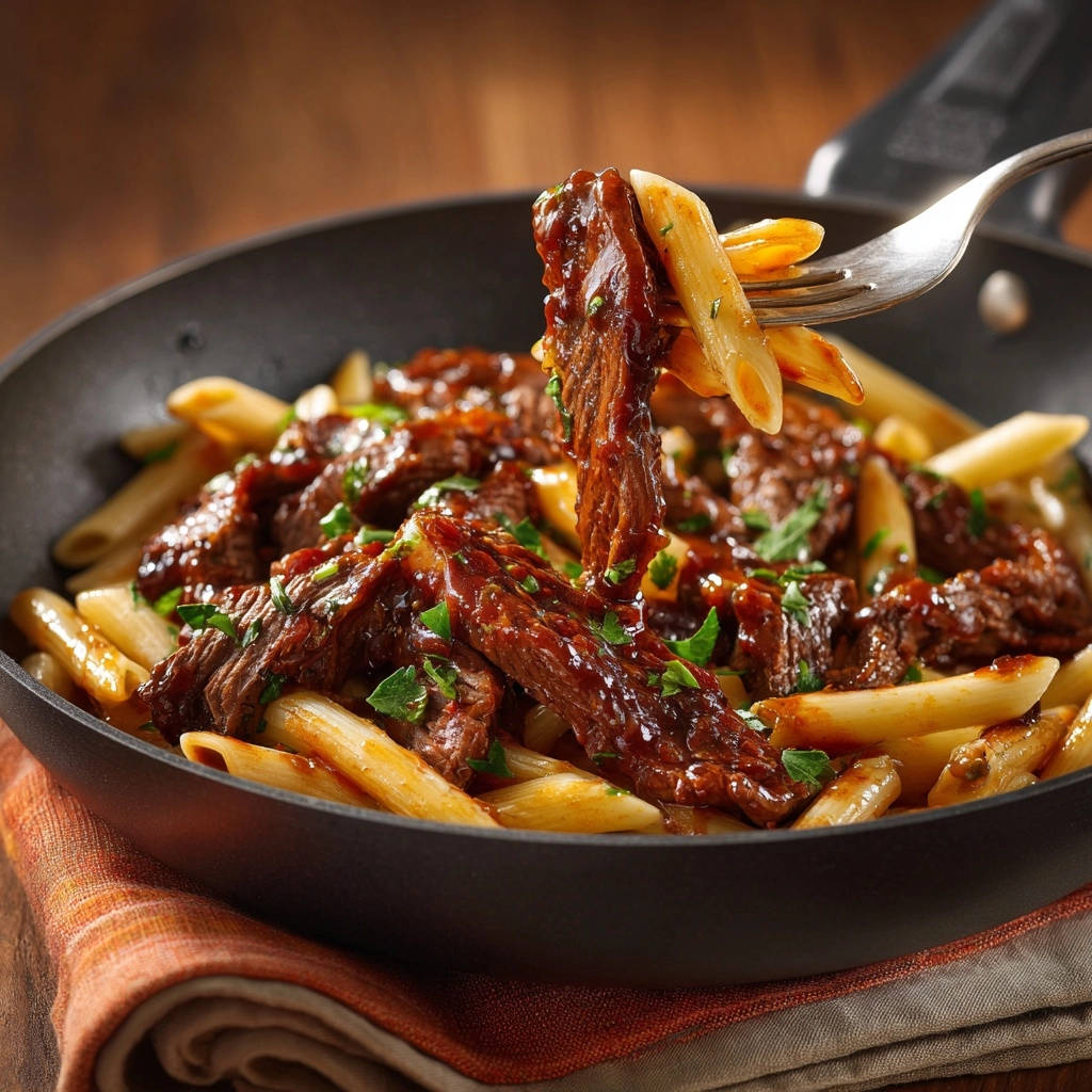 Beef & Penne Skillet with a fork lifting a piece of tender meat coated in sauce.