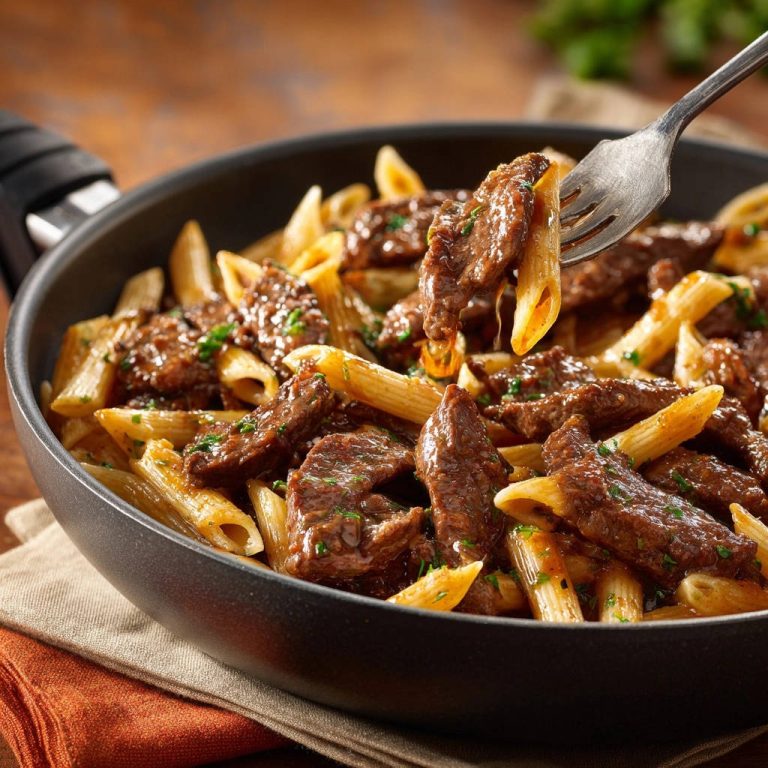Beef & Penne Skillet dish with a fork lifting a portion to show tender meat and pasta in a glossy sauce.