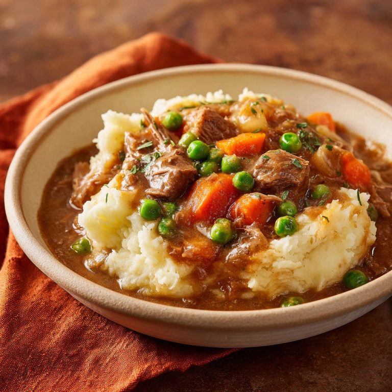 Hearty beef & veggie stew served generously over fluffy mashed potatoes in a bowl.