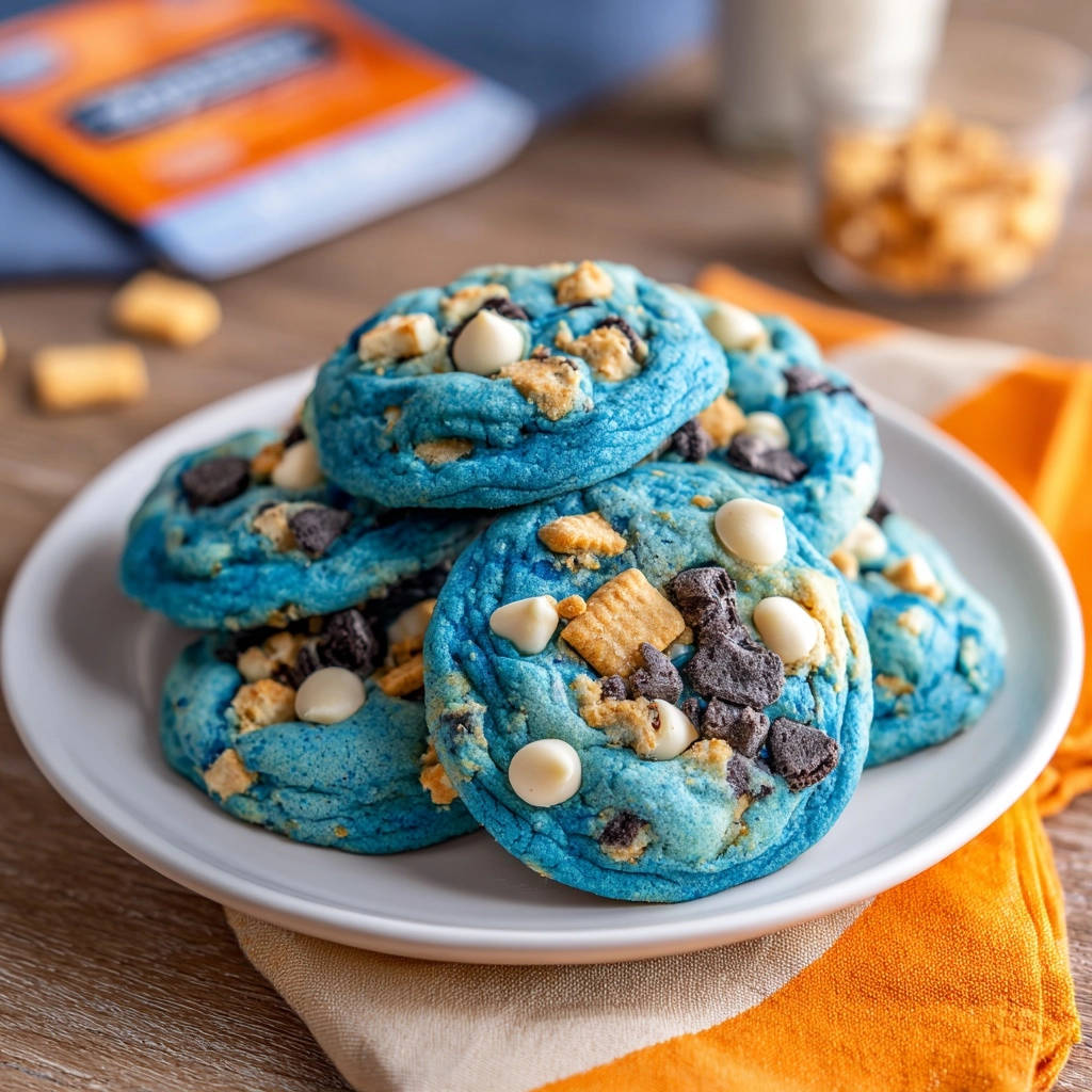 Big Blue Bakery Cookies piled high on a white plate with white chocolate chips and cookie crumbles.