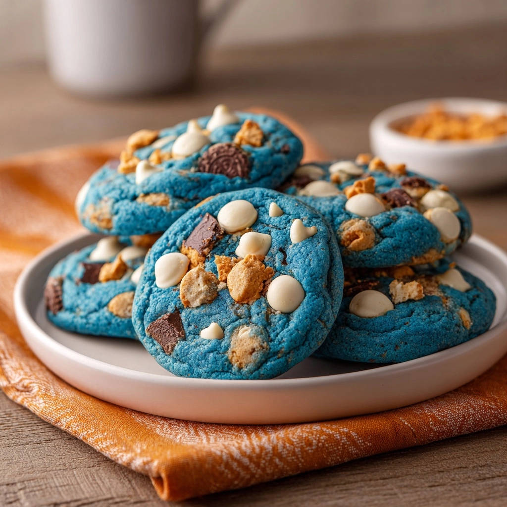 Big Blue Bakery Cookies stacked on a white plate with an orange napkin, showcasing their thick and chewy texture.
