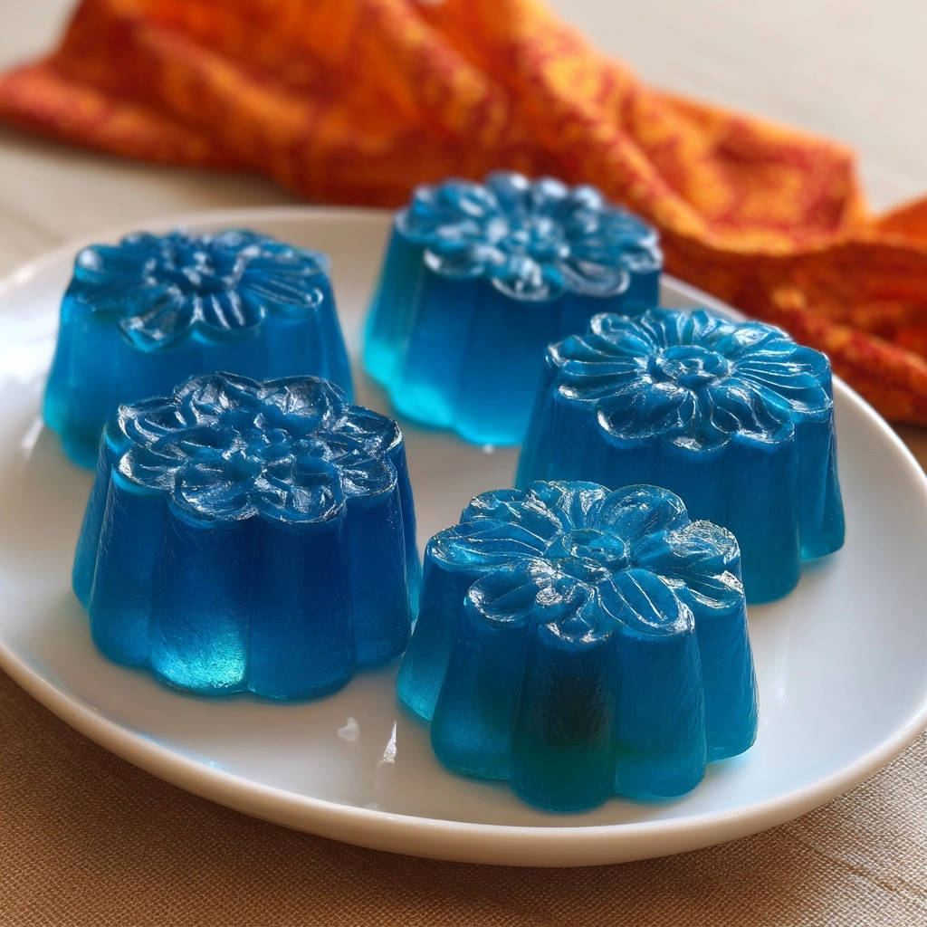 Blue blossom gelatin presented as five delicate floral molds on a white plate, with a textured orange cloth in the background.