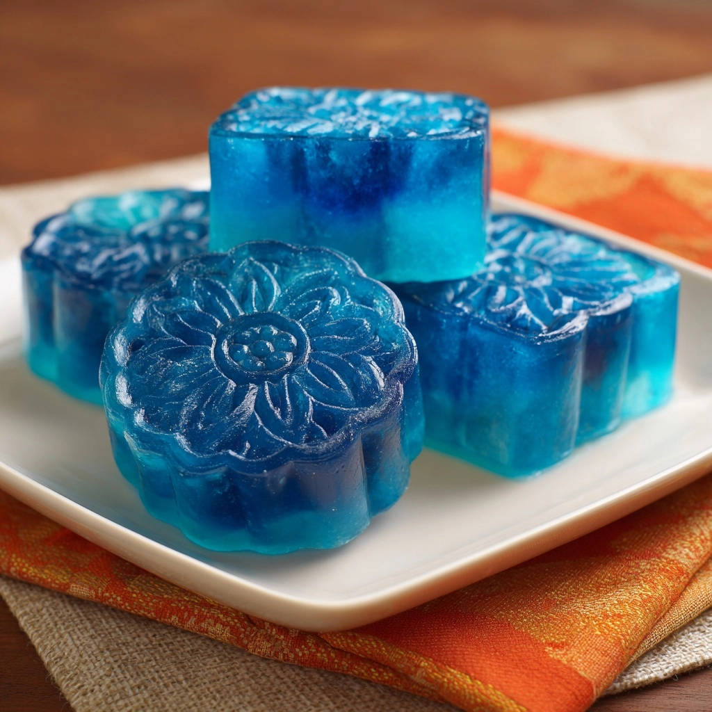 Blue Blossom Gelatin presented in four intricately molded floral shapes on a white plate with an orange napkin.