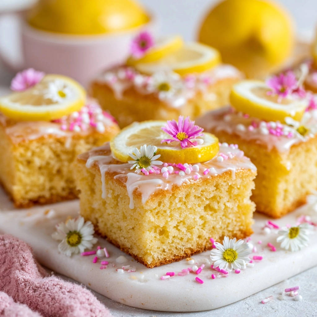 Bright Lemon Squares garnished with lemon slices, flowers, and sprinkles on a marble board.
