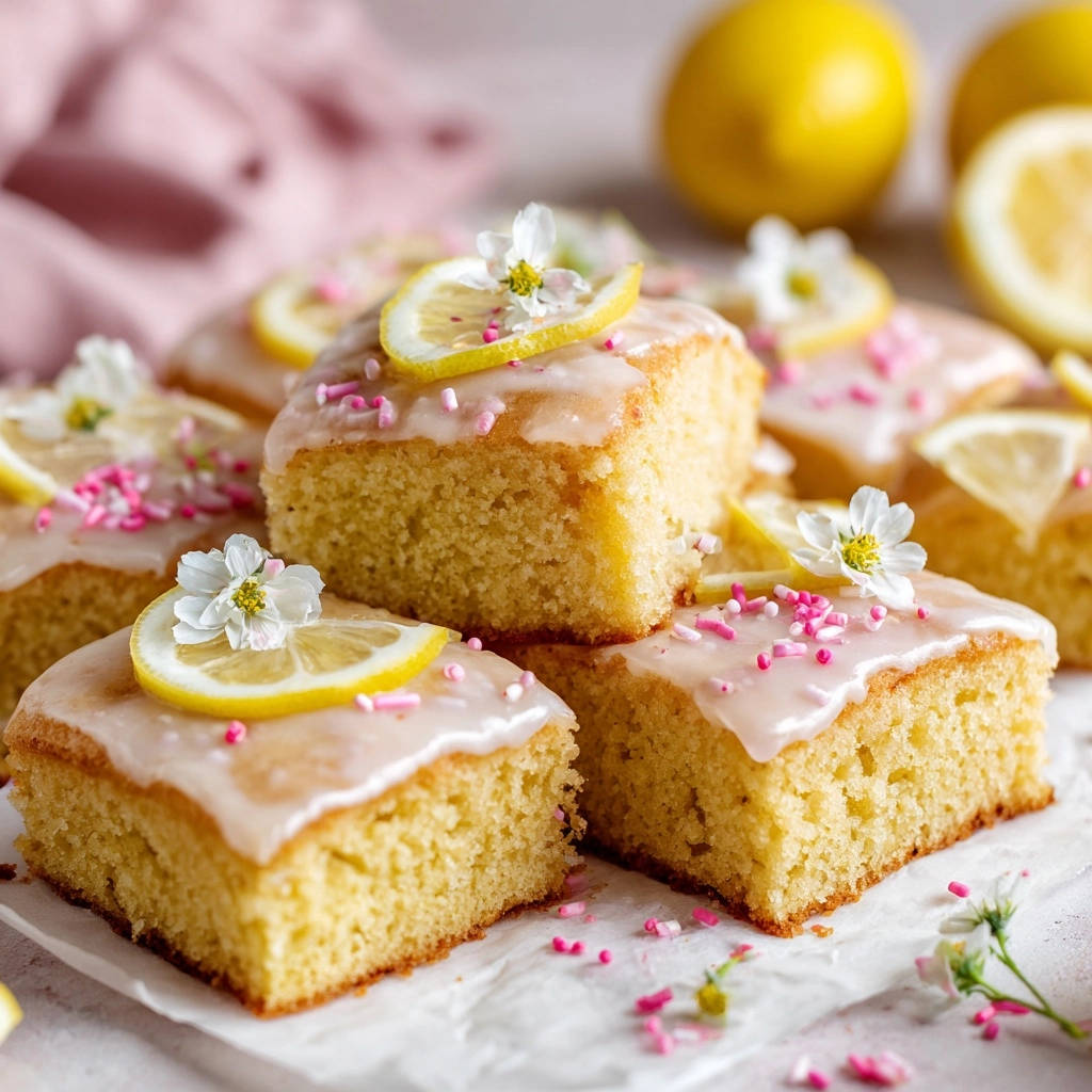 Bright lemon squares are stacked and garnished with lemon slices and edible flowers, showcasing their moist texture.