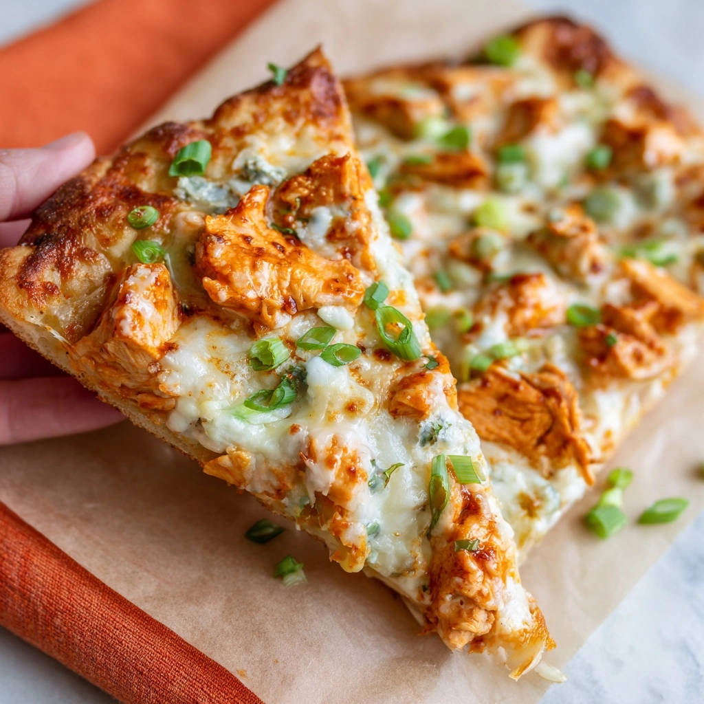 Buffalo chicken pizza slice close-up showing melted cheese, shredded chicken, and green onions on a golden crust.