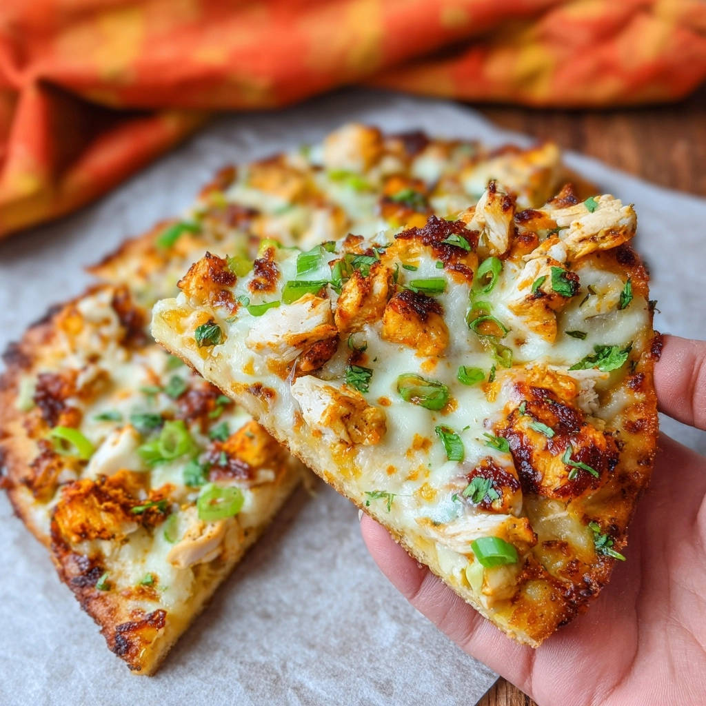 Buffalo chicken pizza slice cross-section showing cheesy chicken topping and a thick crust.