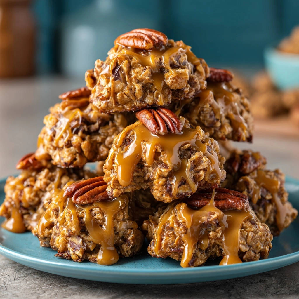 Caramel pecan crunch bites stacked high and generously drizzled with caramel sauce, topped with whole pecans.