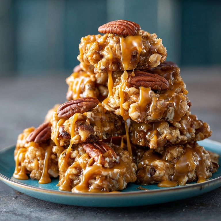 Caramel Pecan Crunch Bites stacked high and drizzled with glossy caramel sauce, topped with pecans.