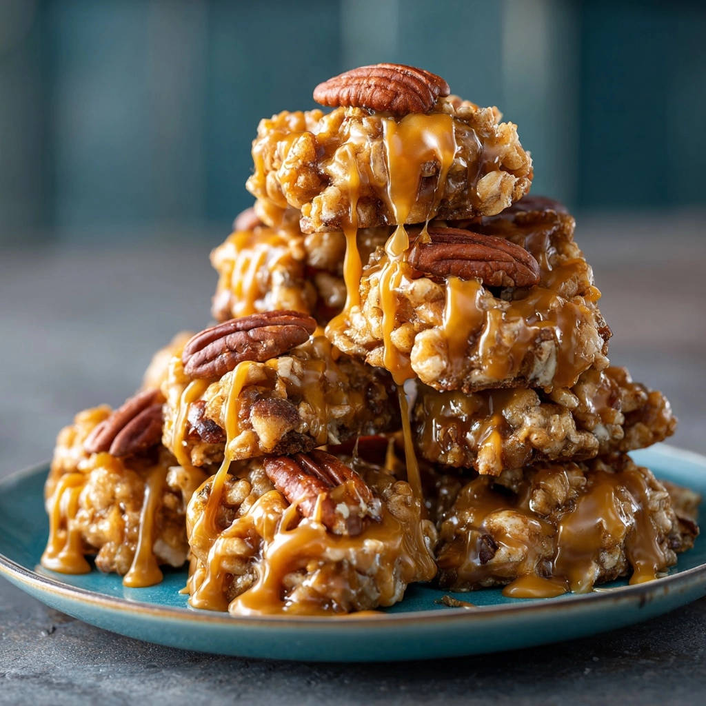 Caramel Pecan Crunch Bites stacked high and drizzled with glossy caramel sauce, topped with pecans.