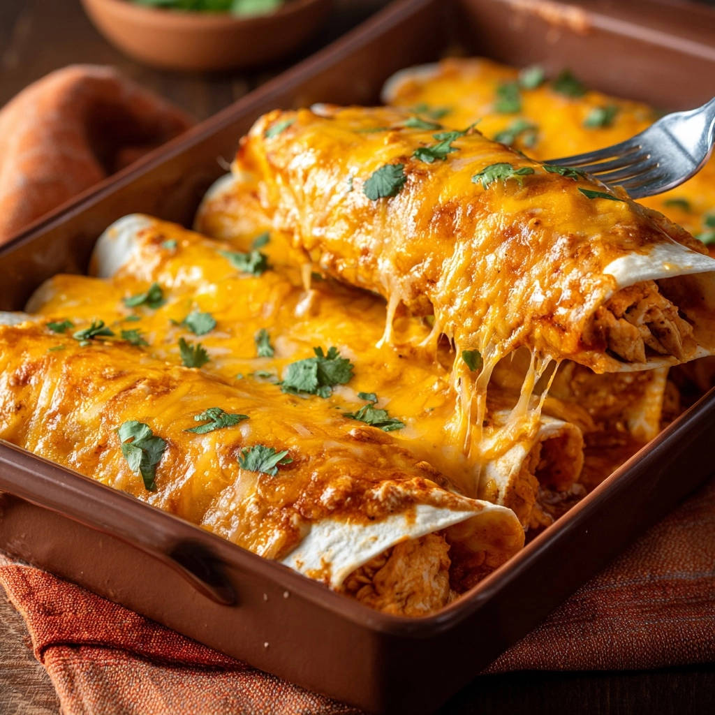 Cheesy chicken enchiladas being lifted from a baking dish with a fork, showing melted cheese.