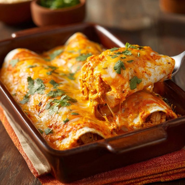 Cheesy chicken enchiladas being served, showing a close-up of a lifted portion with melted cheese.