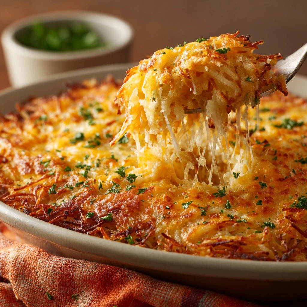Cheesy golden hashbrown bake with a fork lifting a portion showing a long cheese pull.