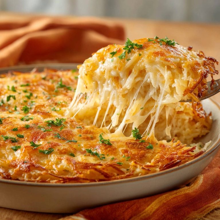 Cheesy golden hashbrown bake with a serving being lifted, showing long strands of melted cheese.
