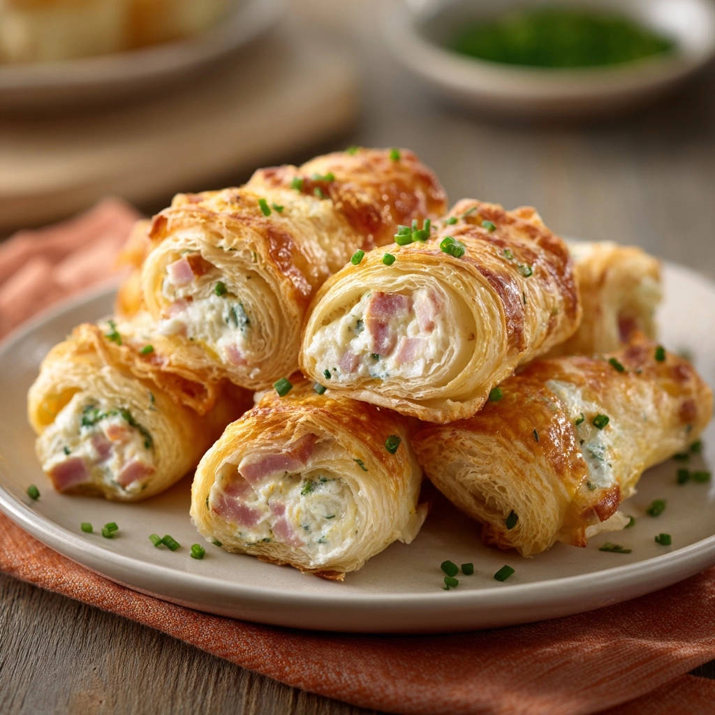 Cheesy ham & chive pastry bites shown in a close-up cross-section revealing the flaky pastry and creamy filling.