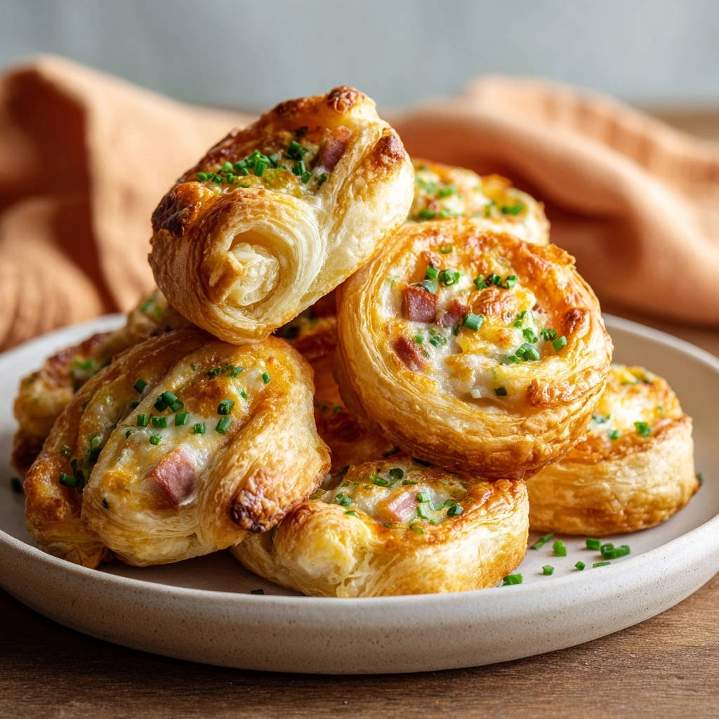 Cheesy ham & chive pastry bites piled high on a plate, showcasing their golden-brown, flaky layers and chive garnish.
