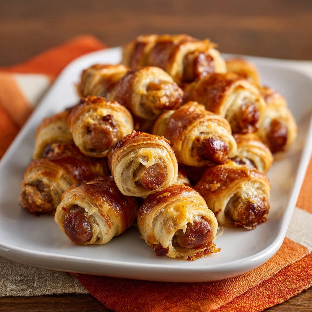 Cheesy pigs in a blanket shown in a close-up view, highlighting the golden, flaky pastry wrapped around the sausage.