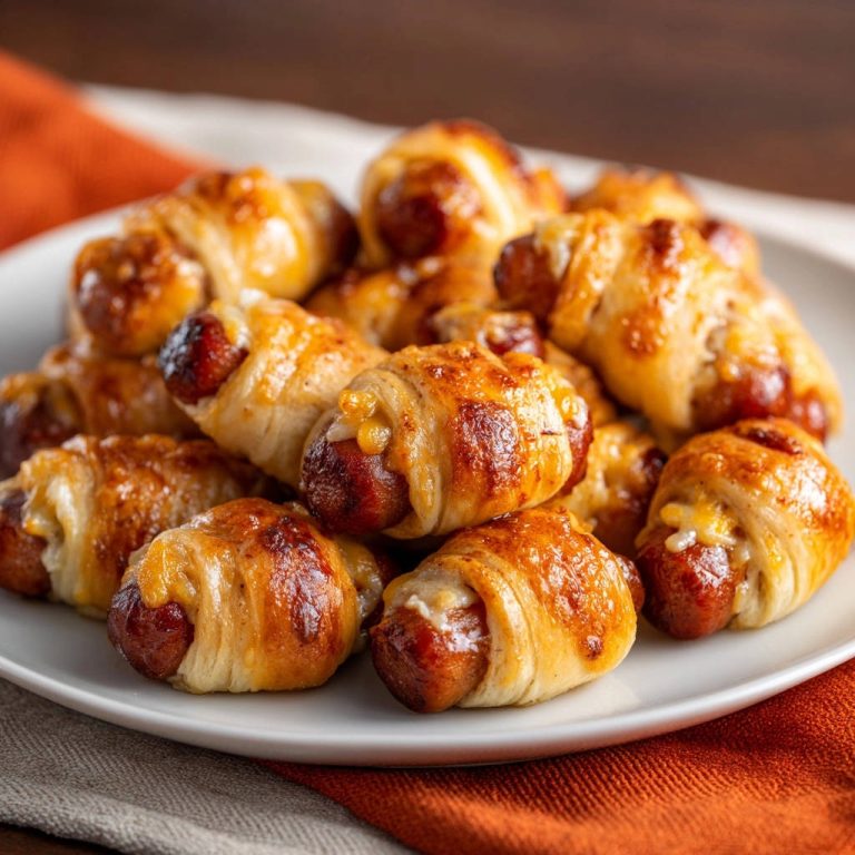 Cheesy pigs in a blanket with a golden, flaky crust piled high on a white plate, showcasing a close-up detail.