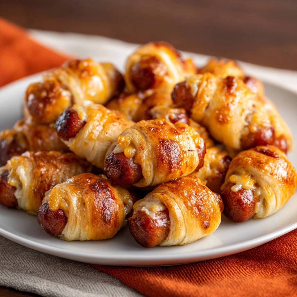 Cheesy pigs in a blanket with a golden, flaky crust piled high on a white plate, showcasing a close-up detail.