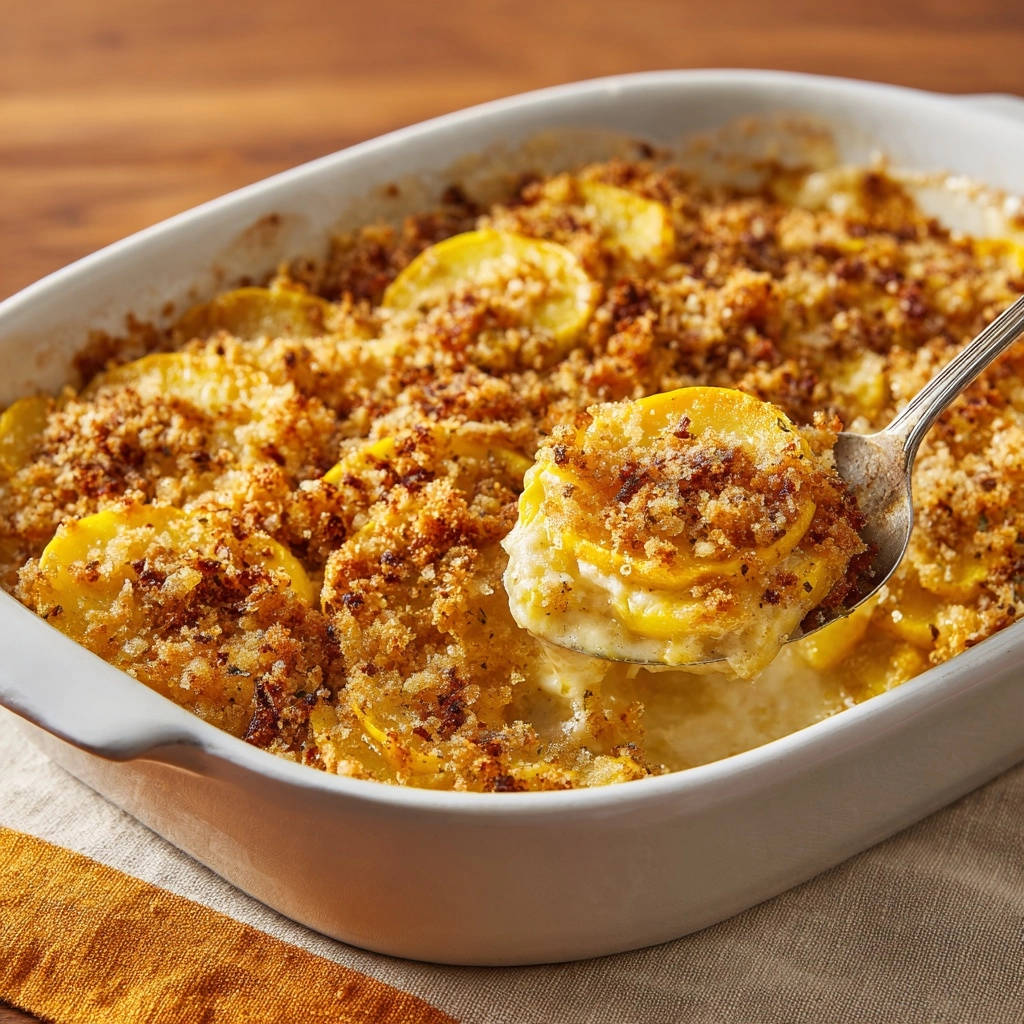 Cheesy yellow squash bake with a crispy topping, captured in a close-up spoonful.