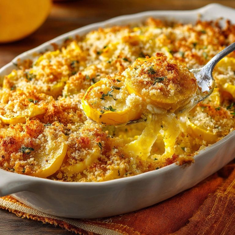 Cheesy yellow squash bake with a close-up spoonful of crispy breadcrumb topping being lifted.