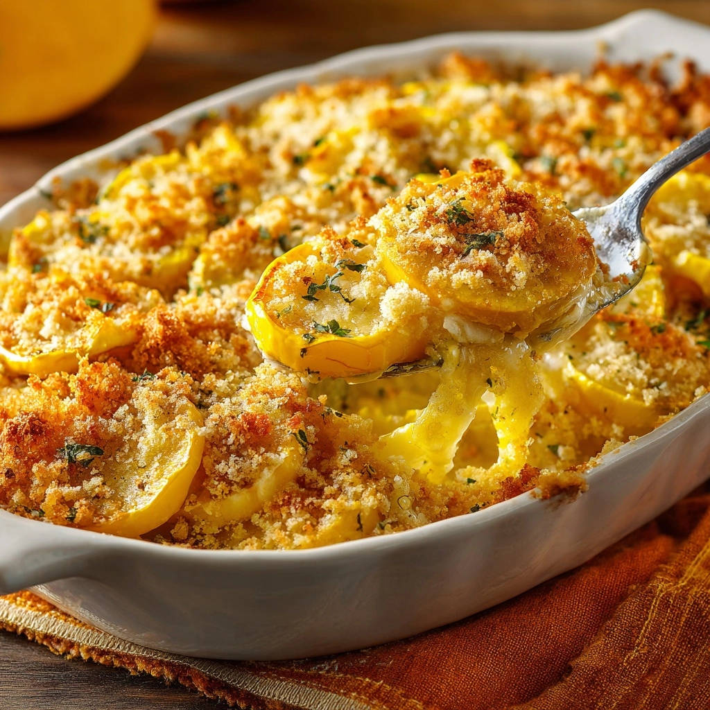 Cheesy yellow squash bake with a close-up spoonful of crispy breadcrumb topping being lifted.